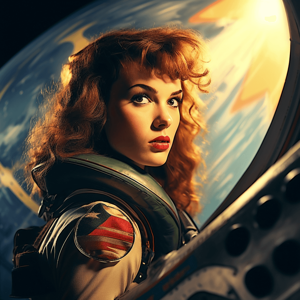 AI generated: woman in space, photograph shot with Kodak Portra 800, a Hasselblad 500C, 55mm f/ 1. 8 lens, extreme...