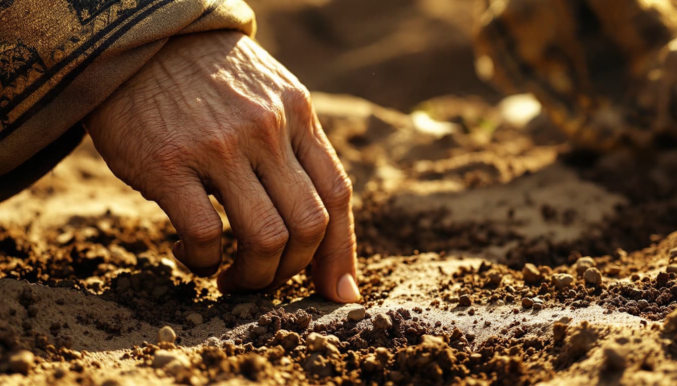 AI generated: Ultra-realistic .Close-up of Yutab’s hand touching the soil of Parseh, a sense of belonging evident....