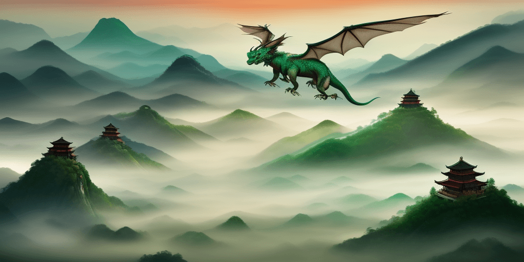 AI generated: /imagine prompt: A mesmerizing portrayal of an Eastern dragon soaring majestically over a sprawling ...
