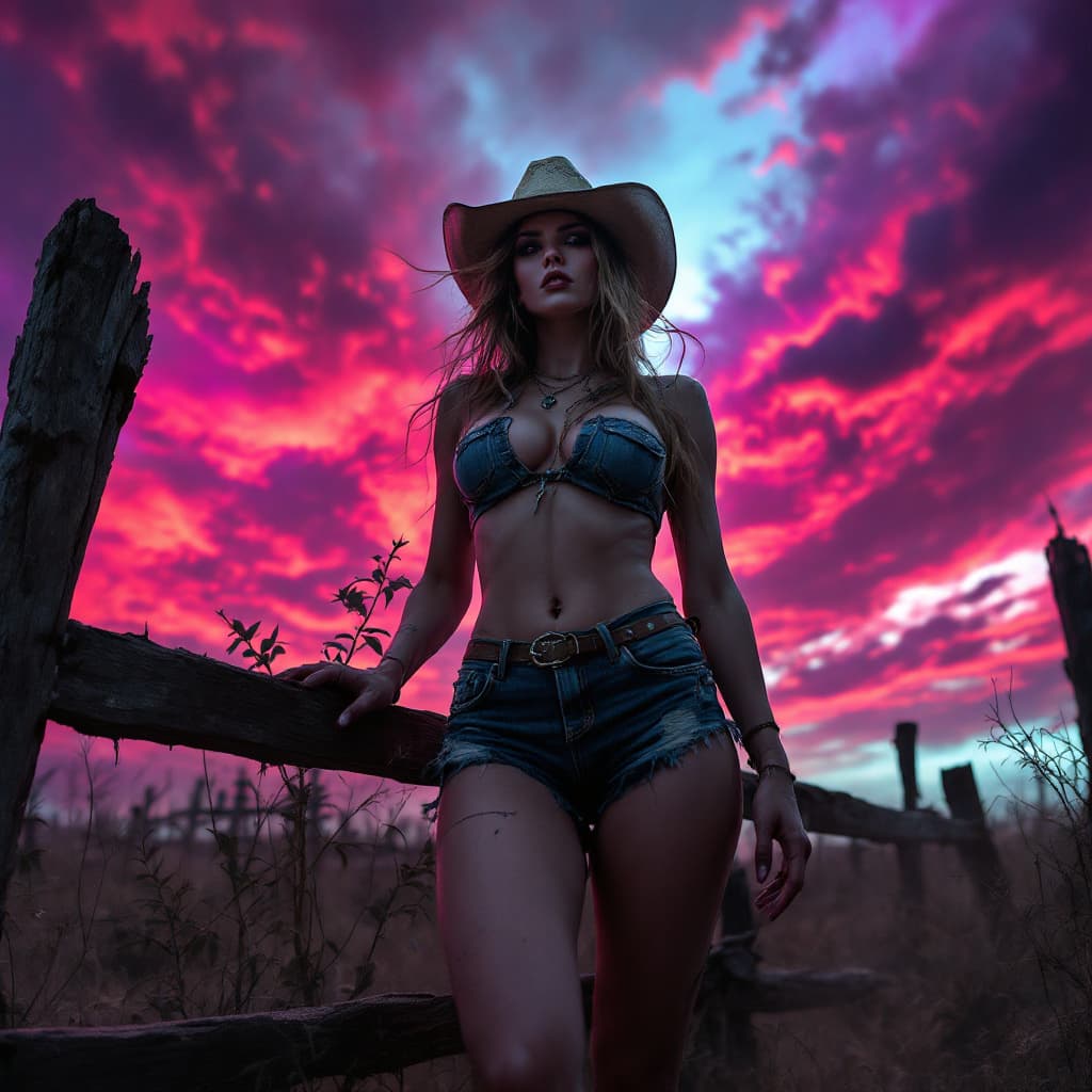 AI generated: A haunting, surreal, photograph: a cowgirl with exaggerated hips, clad in tattered denim shorts, sta...