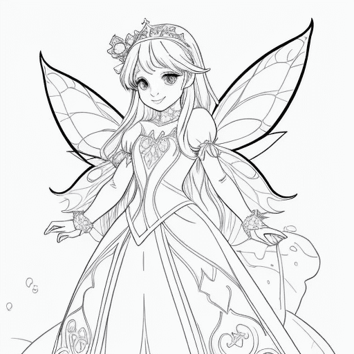 AI generated: Fairy coloring page, a fairy princess, with beautiful eyes, sweet smile, walking in the snow, black ...