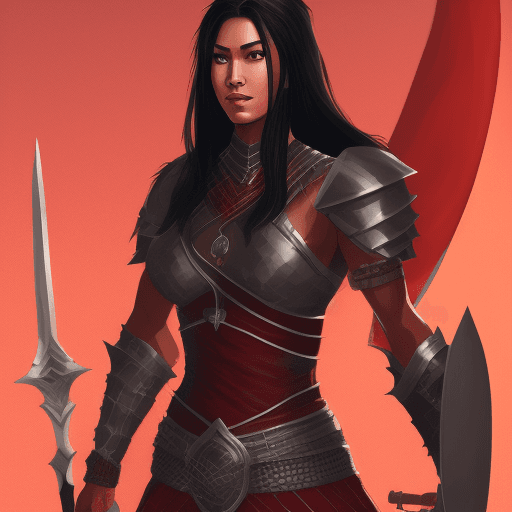 AI generated: full-body illustration, noble and valiant female fighter from nomadic dynasty, chain mail, red armor...