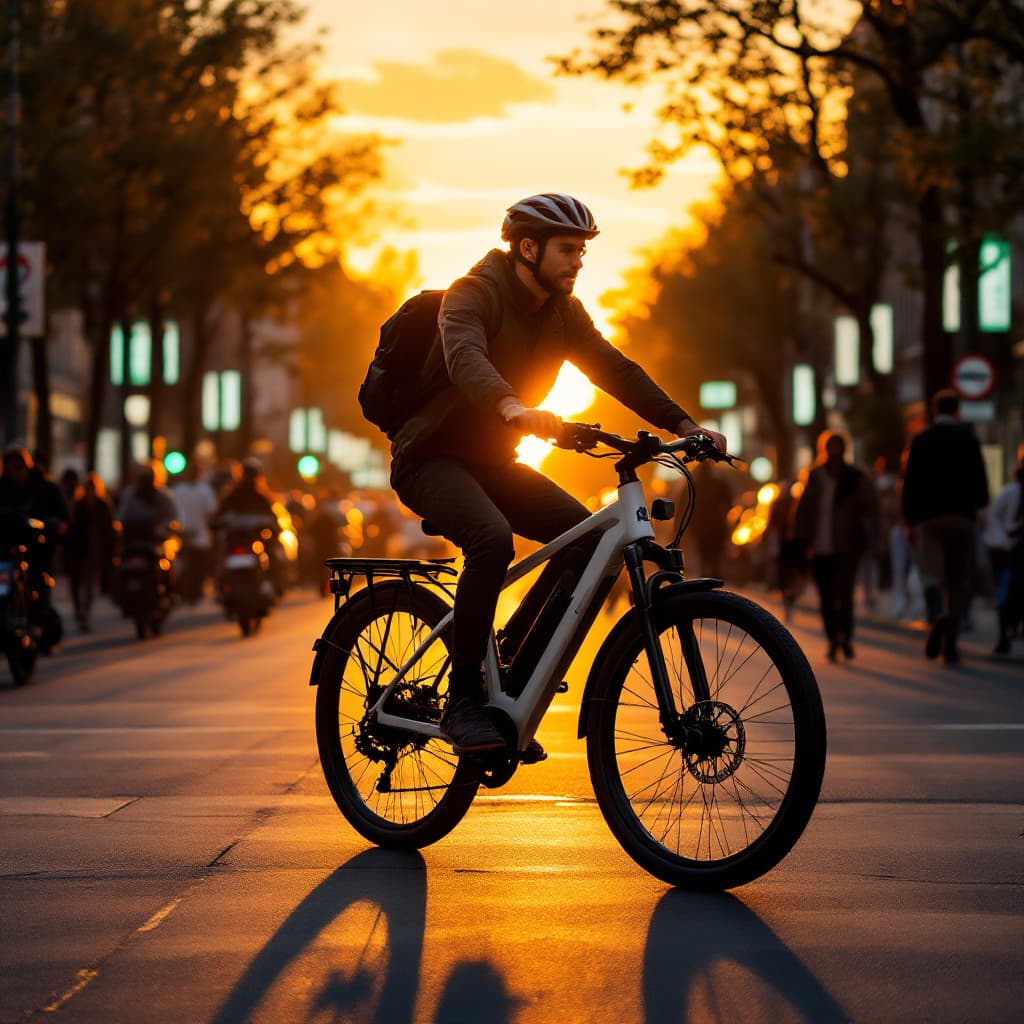 AI generated: Create an image of a guy riding a e-bike of the brand kalkhoff. the guy rides on a crowed street in ...