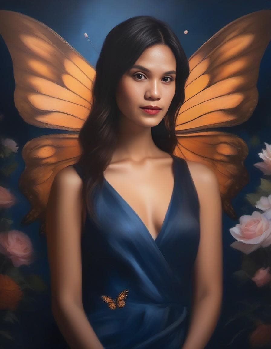 AI generated: butterfly fairy, wings, flowers, beautiful girl, oil painting, light navy and dark bronze, realistic...