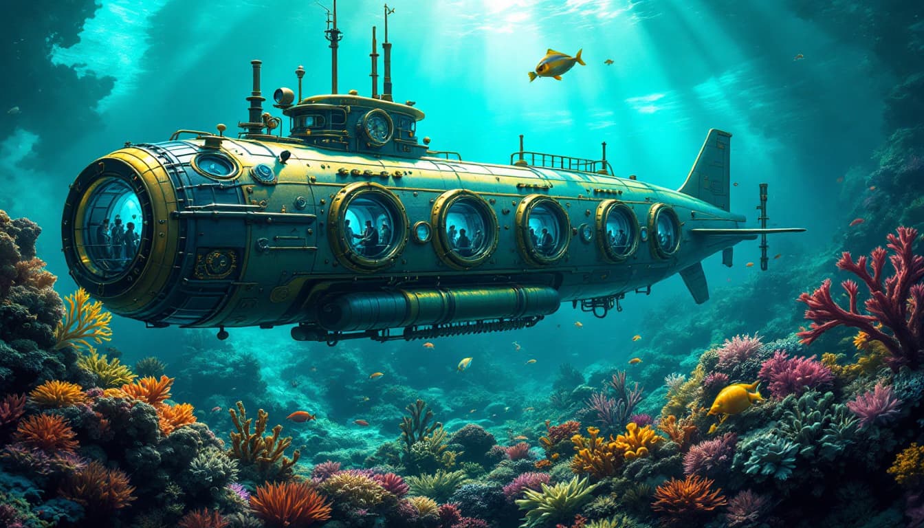 AI generated: Imagine a photorealistic depiction of a steampunk submarine from the 1920s, reminiscent of Jules Ver...