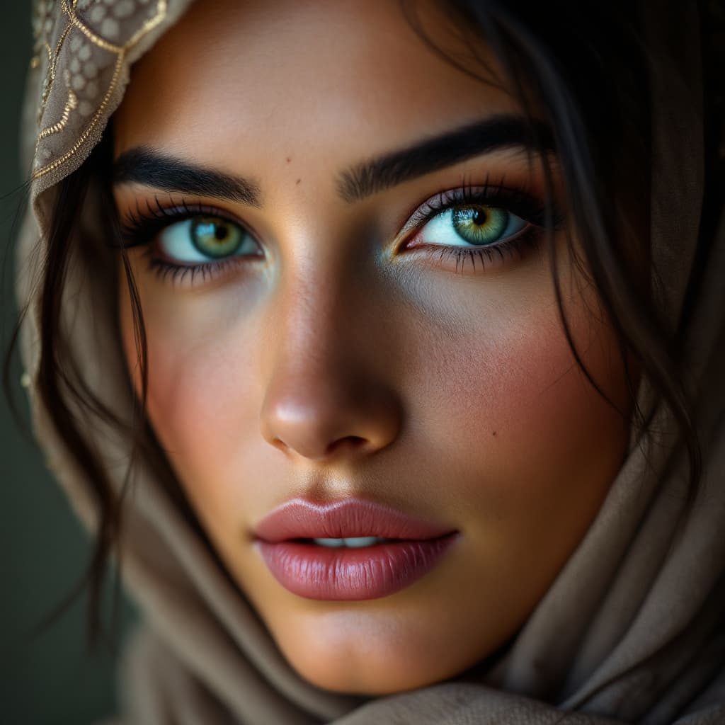 AI generated: A close-up color portrait of a very pretty woman from Saudi Arabia, dark hair with dark green eyes, ...
