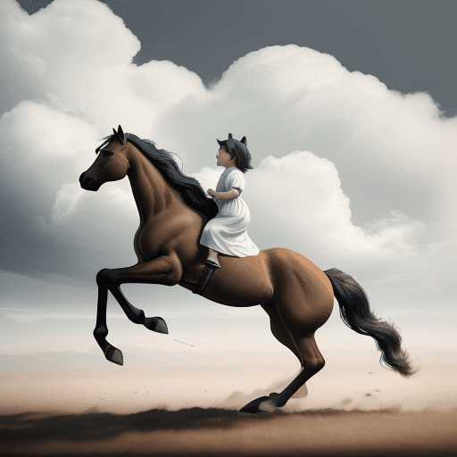 AI generated:  horse with baby horse. one small horse with the adult horse. clouds. heavens. running in clouds. ba...