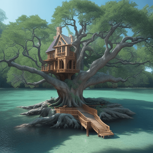 AI generated: the Angel Oak tree house, intricate ornate treehouse in a amazing gigantic turquoise Angel Oak, on t...