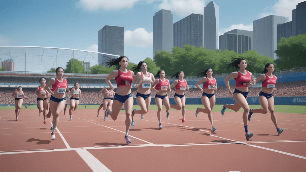 AI generated: the image is a modern and vibrant athletics scenario. 12 runners, 6 male and 6 female interspersed, ...