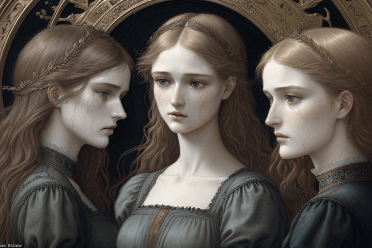 AI generated: full woman, angry, crying blood insipired by Days of Creation (Third) Edward Burne-Jones and and Edo...