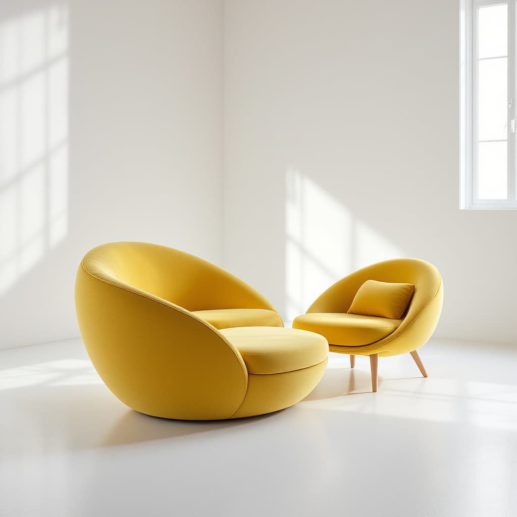 AI generated: pop art furniture design, apple form, ergonomic seating, golden yellow velvet, premium upholstery, P...