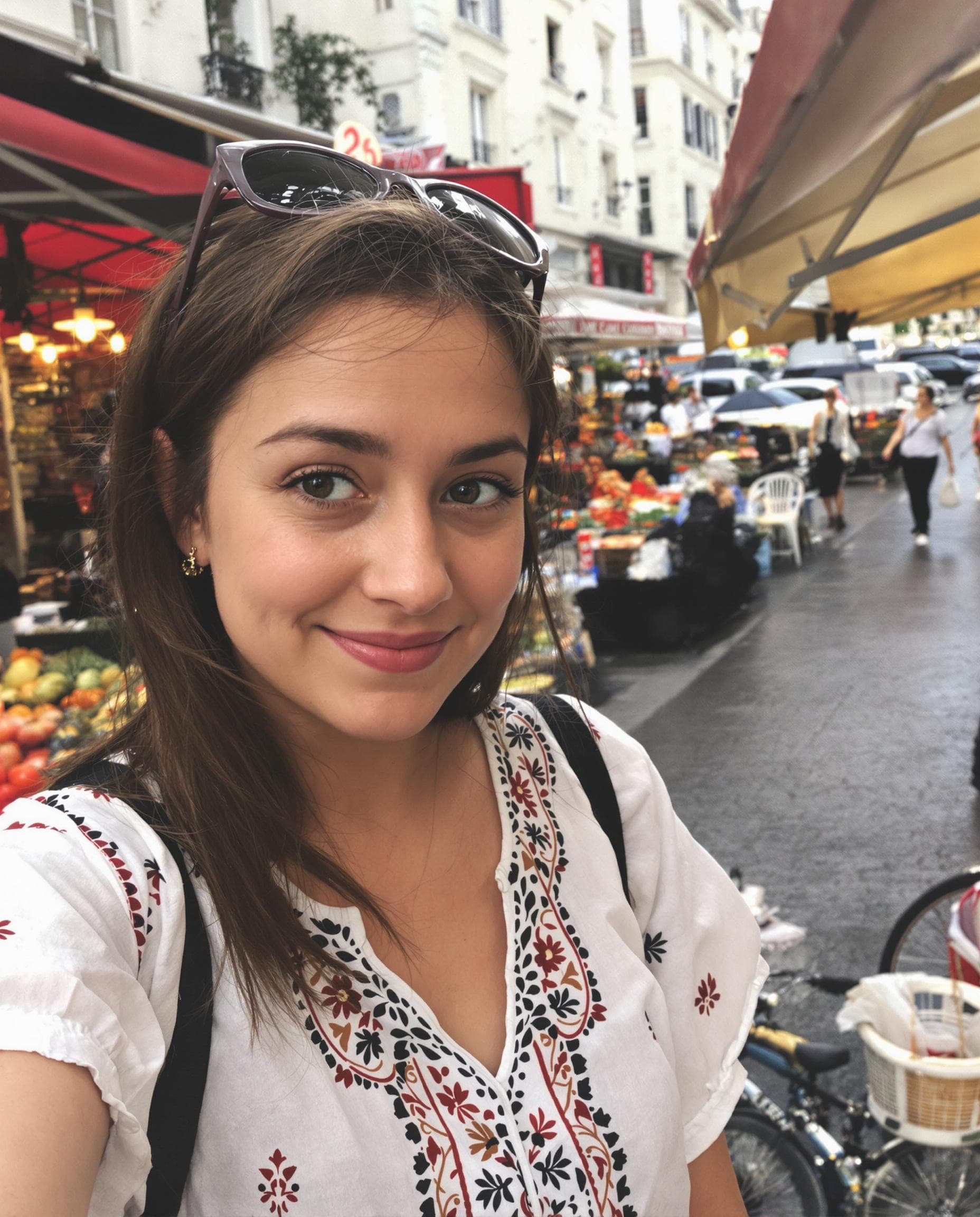 AI generated: low quality phone photo, snapchat, 25 year old Parisian girl, beatnik, hippy, wearing a peasant shir...