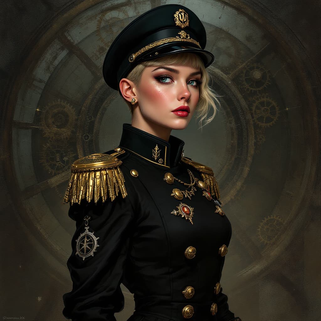 AI generated: full body, Portrait of a Evanna Lynch in warhammer 40k comissar tunic, short hair, dieselpunk, arist...