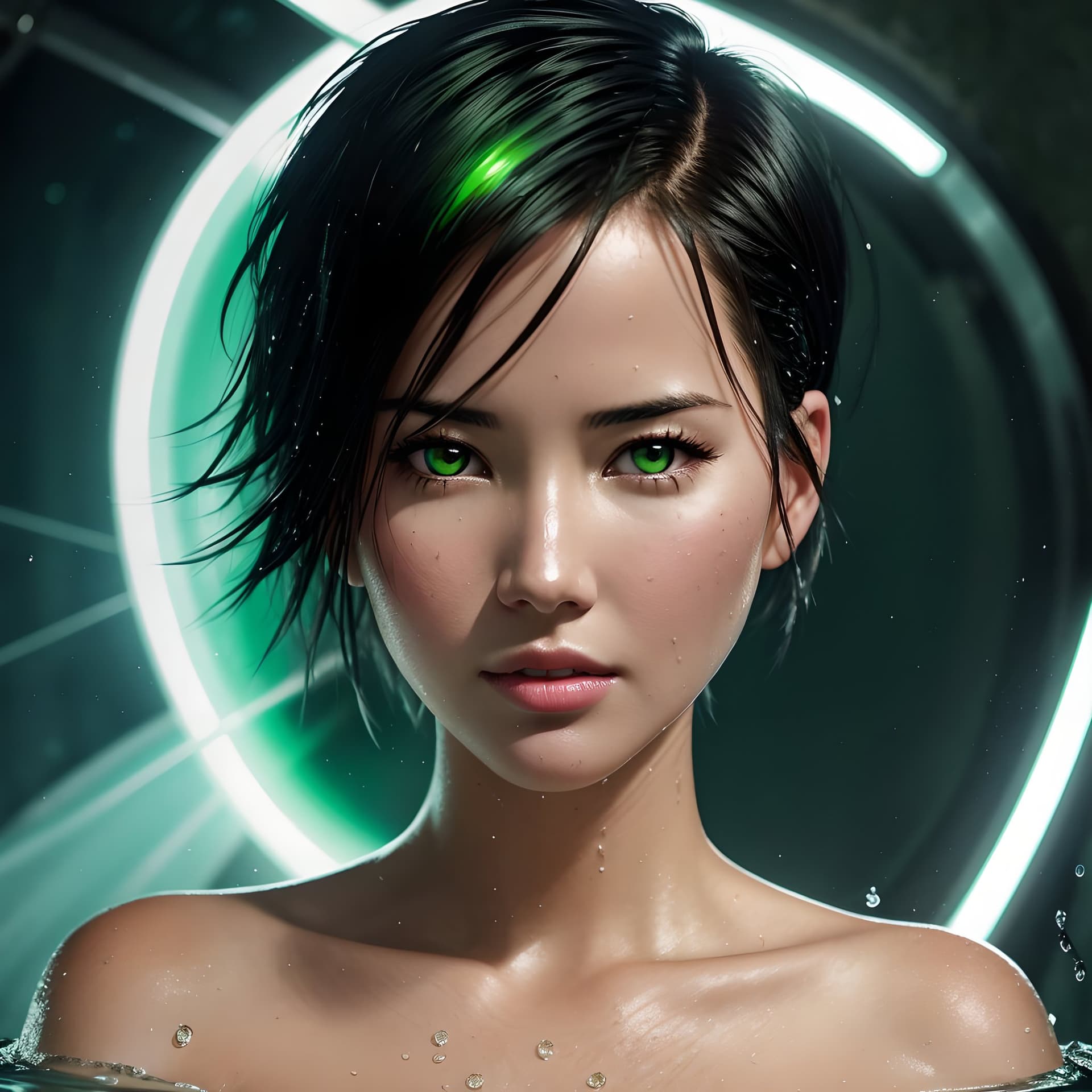 AI generated: close up portrait of Olivia Munn, detailed face, green glowing eyes, short undercut hair style, clea...