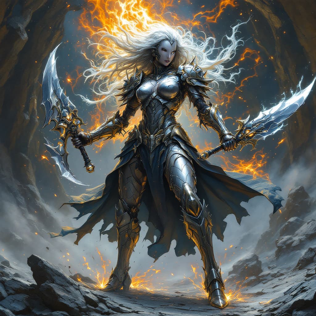 AI generated: A powerful metal morpher, her clothing crafted from metal that seems to shift and react to her touch...