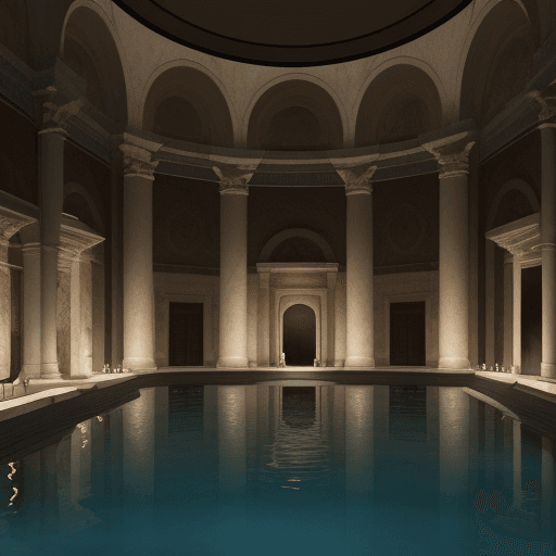 AI generated: interior of roman bathhouse, high fantasy, night, pool, marble, realistic, men and women bathing, hd...