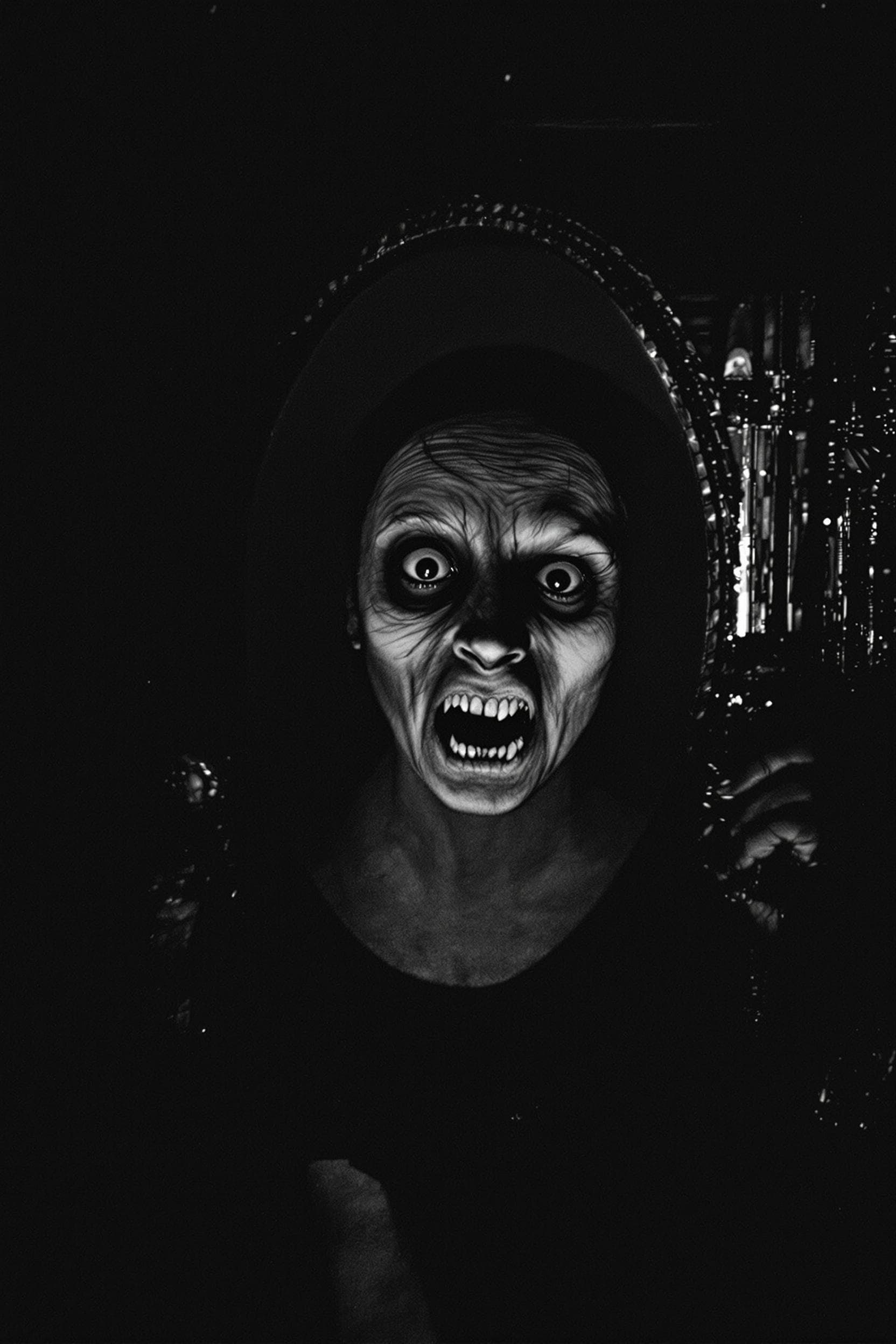 AI generated: A woman gazes into a mirror, her eyes widening in terror as she confronts a chilling reflection. In ...