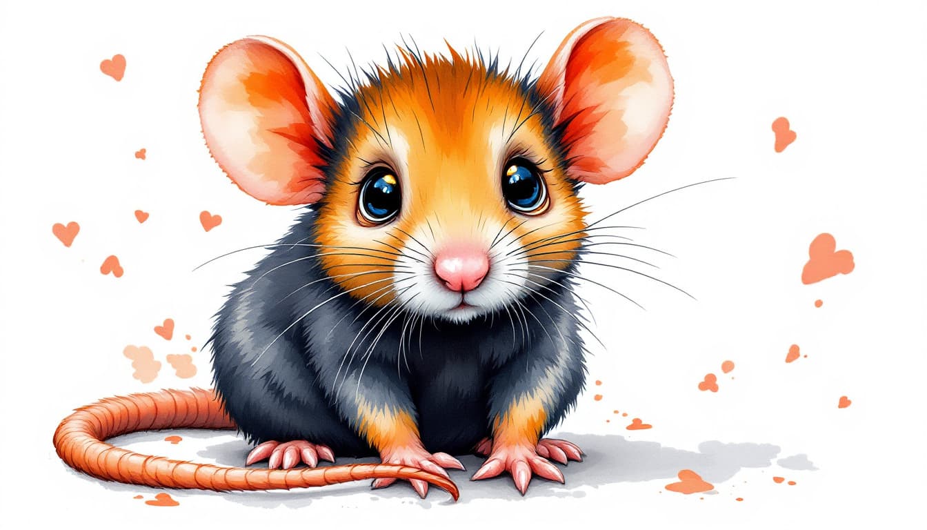 AI generated: Awesome colorful illustration, cute orange and black baby rat, big yellow eyes , white background, w...