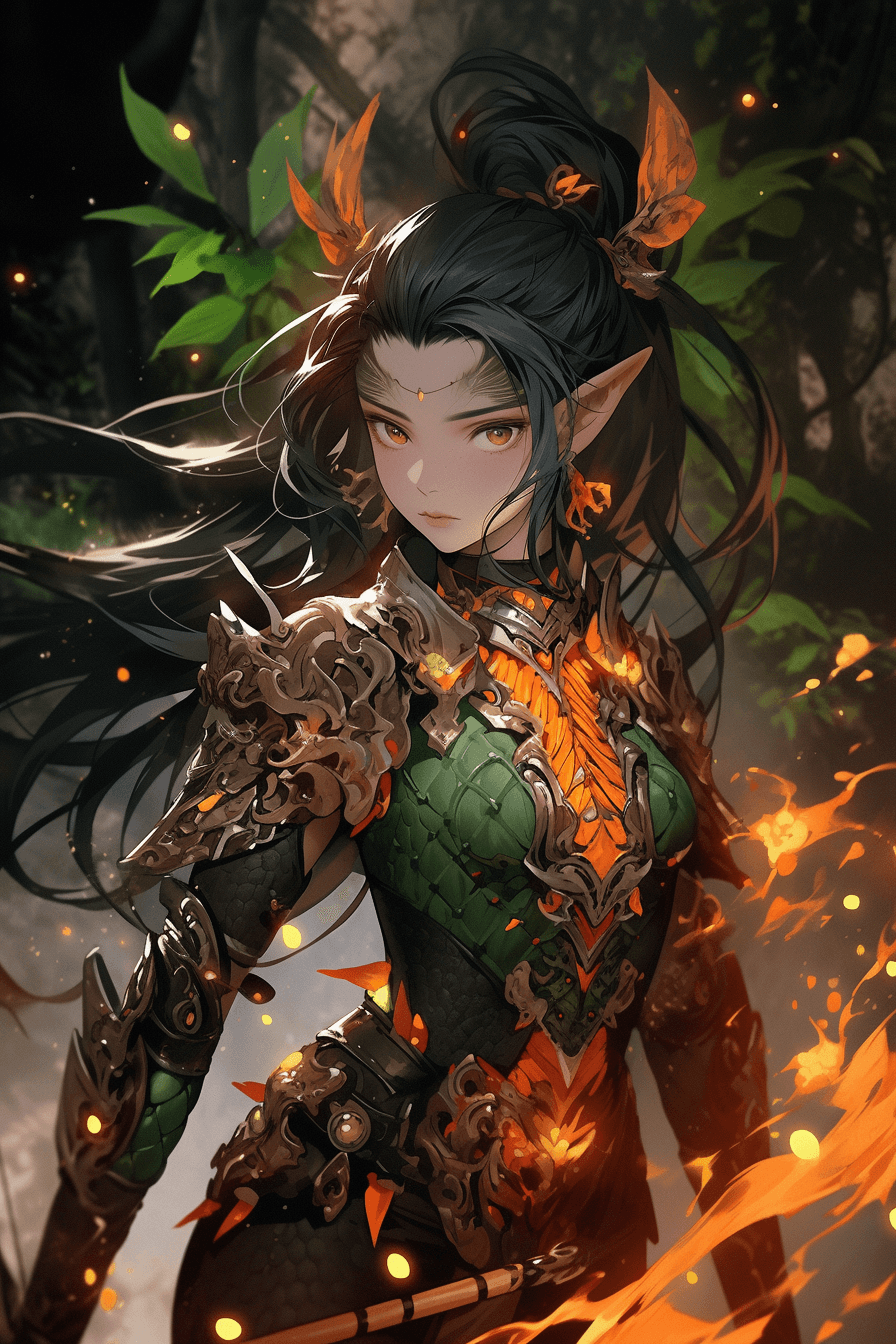 AI generated: An elegant elfin character in golden intricately designed armor, holding leaf-patterned bow, piercin...