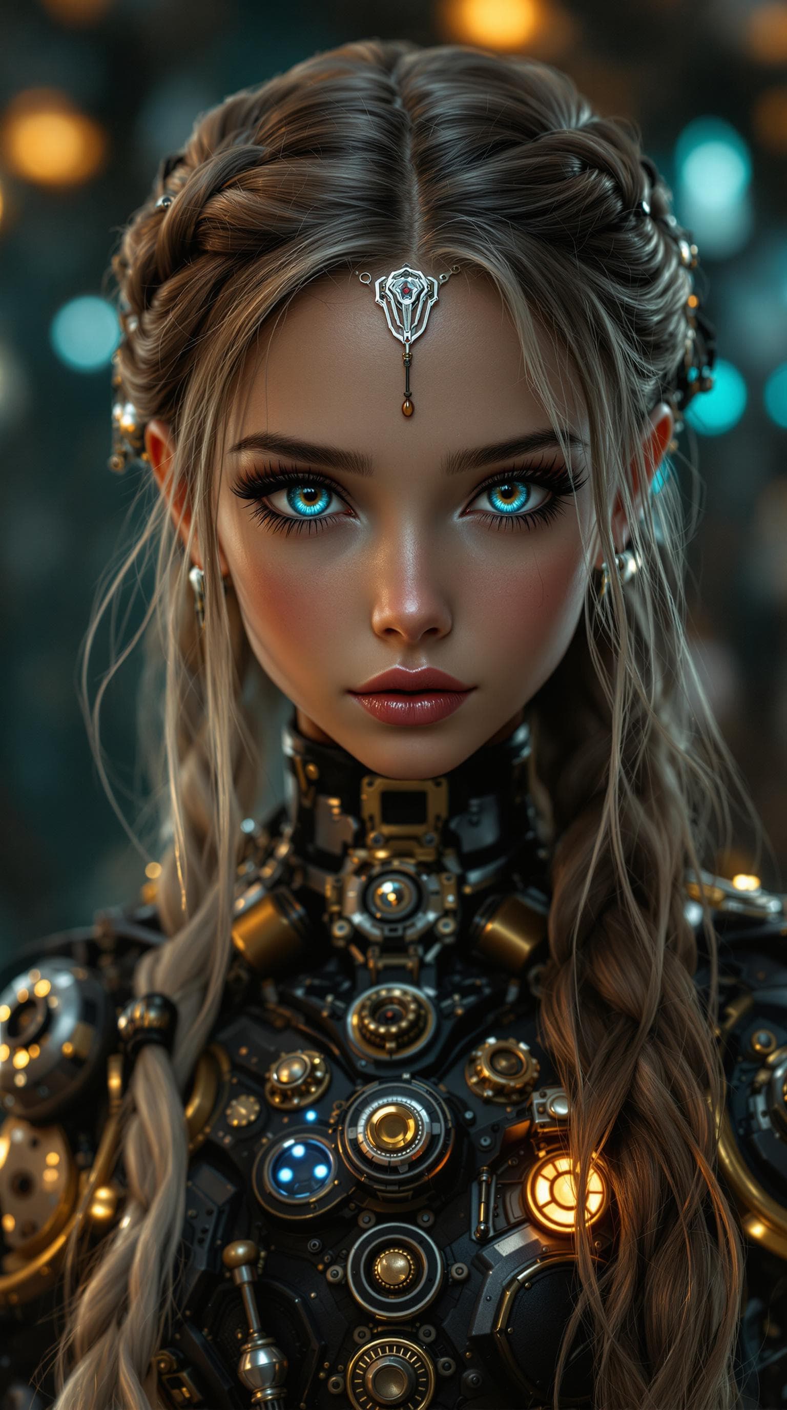 AI generated: djrny-v4 style, a professional photo realistic photo, of the most beautiful steampunk android girl (...