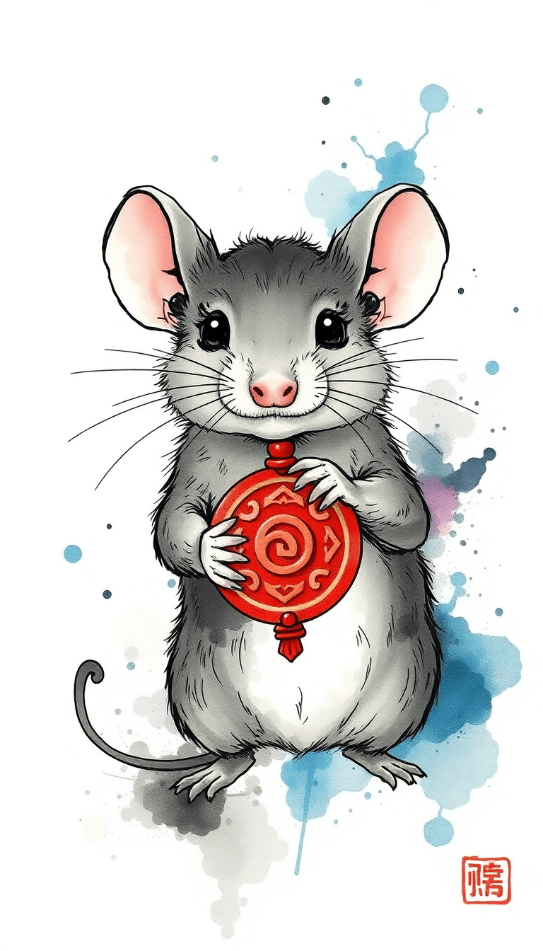 AI generated: cute Mouse with straight face grabing a protective talisman, detailed, ink style, Ink splash art on ...