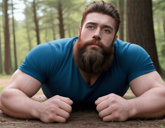 AI generated: A muscled bearded handsome man, broad chin,  big blue eyes, lying on the ground with his legs spread...