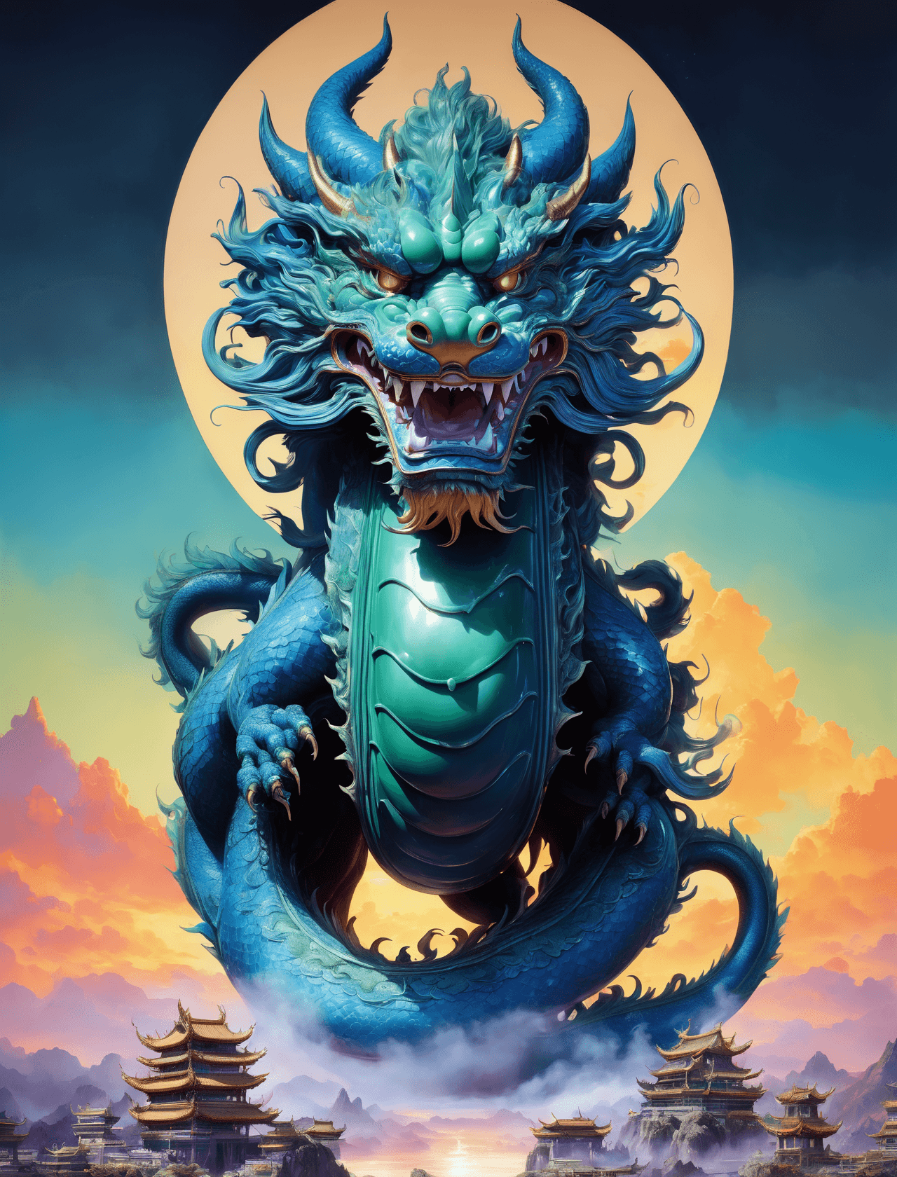 AI generated: beautifully carved jade heavenly Chinese dragon, wise face, hand carved nephrite jade, museum photo,...