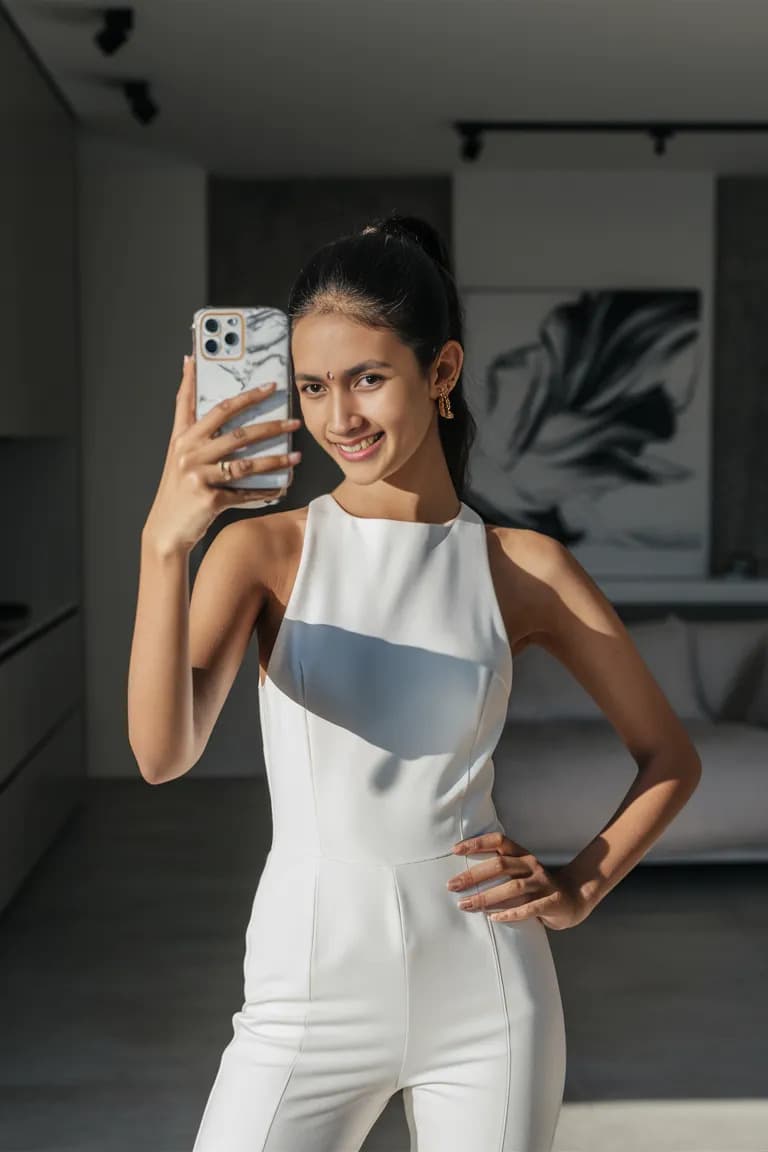 AI generated: A stunning ultra-HD portrait of a young Indian woman with a modern, stylish flair. She wears a sleek...