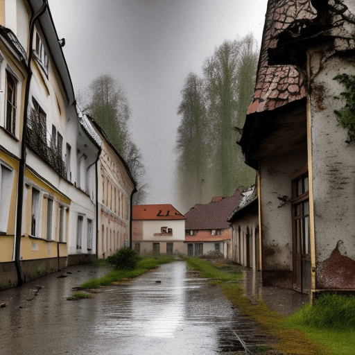 AI generated: Abandoned Czech city Vsetin, rain