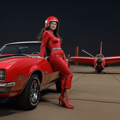 AI generated: Beautiful natural Brunette in aircraft red suit , standing solid on long legs, back to the camera, h...