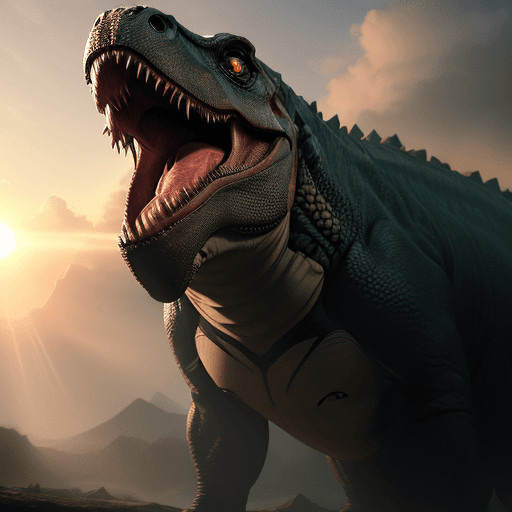 AI generated: Photo of a ultra realistic Picture of a guy in a T-Rex costume  , dramatic light, pale sunrise, cine...