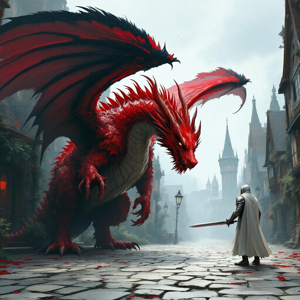 AI generated: A gothic fir breathing Dragon Red with black wings is in a town square with cobble stone street. He ...