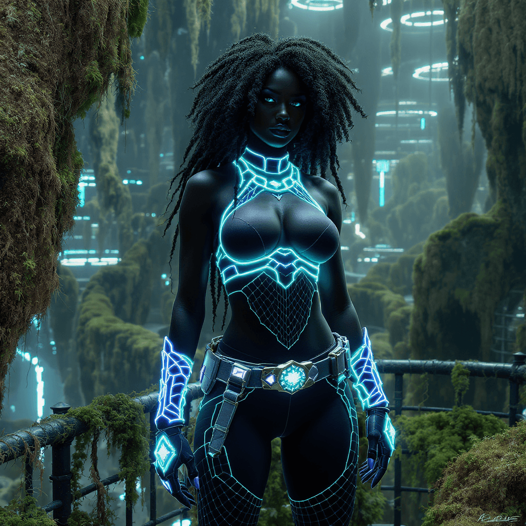 AI generated: vibranium utility belt, moss pathways”: “Elite Afrofuturist warrior queen in a vibranium utility hal...