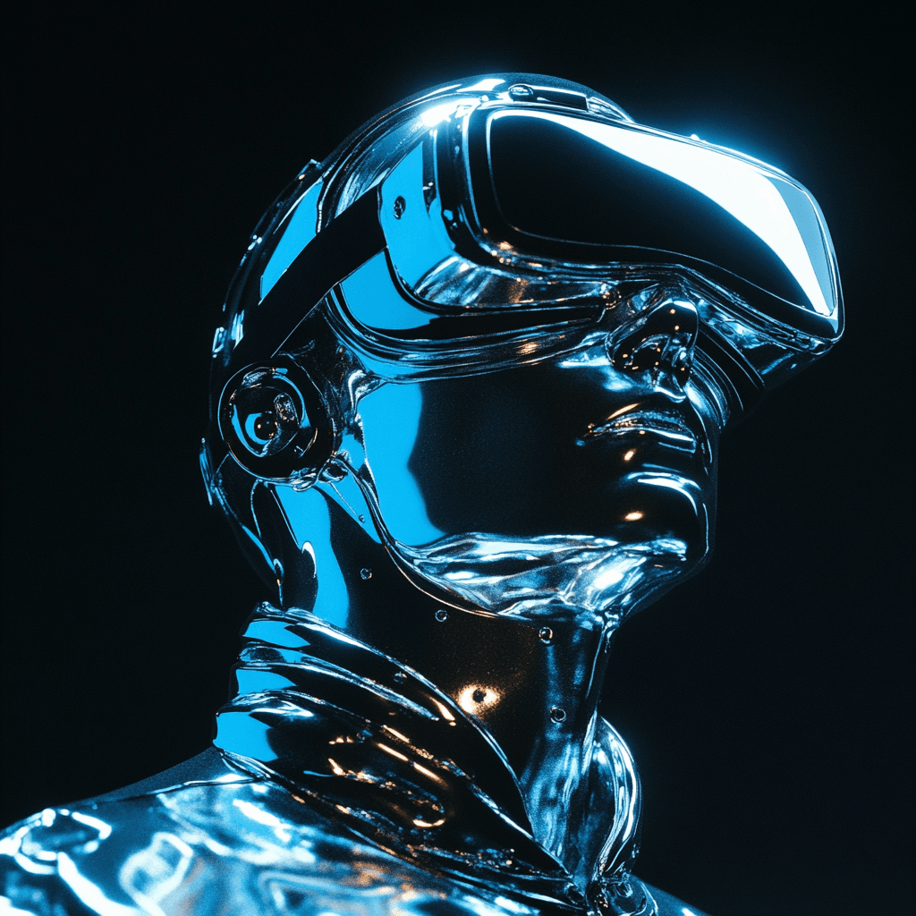 AI generated: portrait shot, chromed male cyborg with vr glasses instead of eyes, shining chromed robot in dark ba...