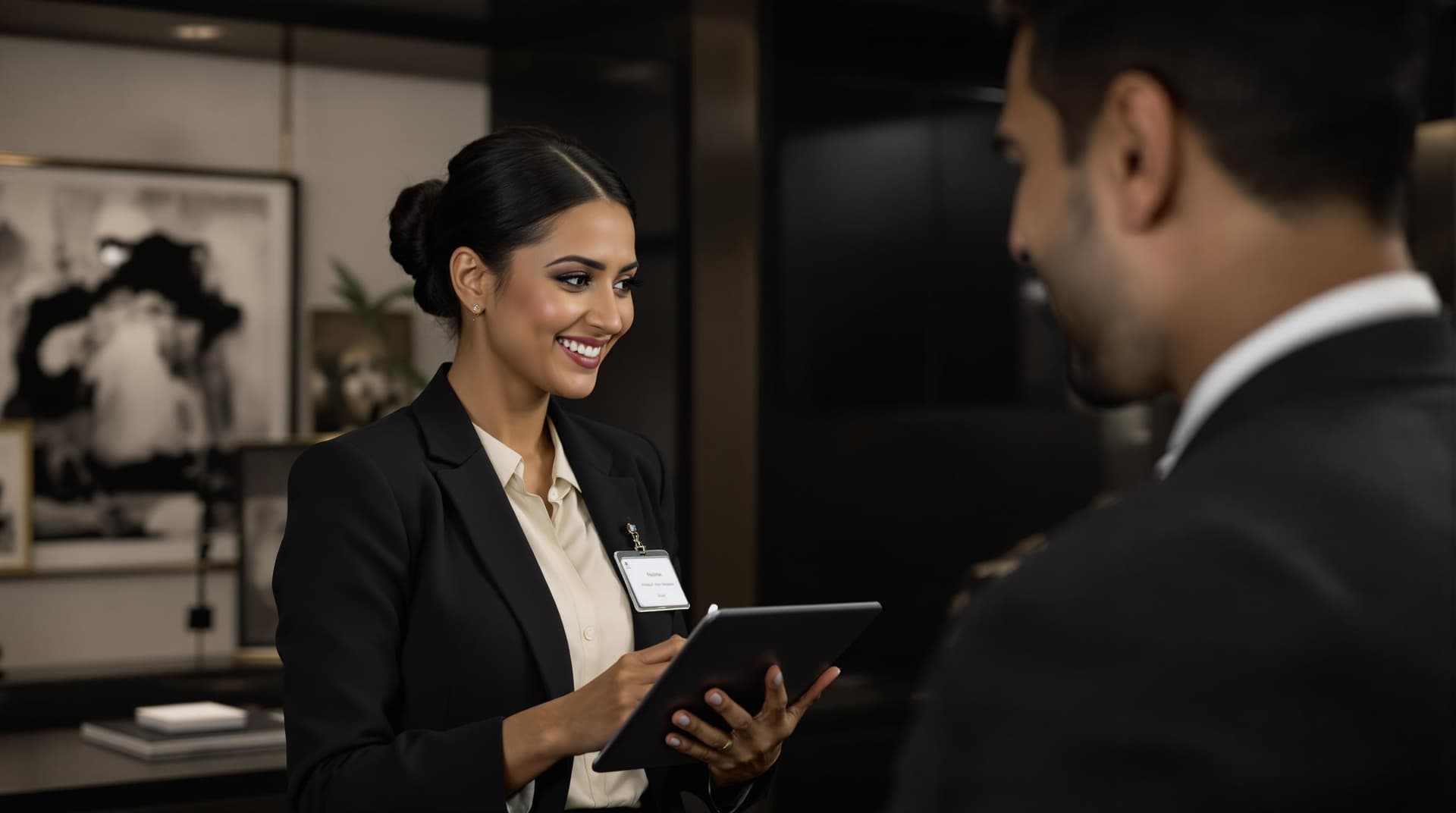 AI generated: a indian professional interaction between a female employee and a male client or visitor in what app...