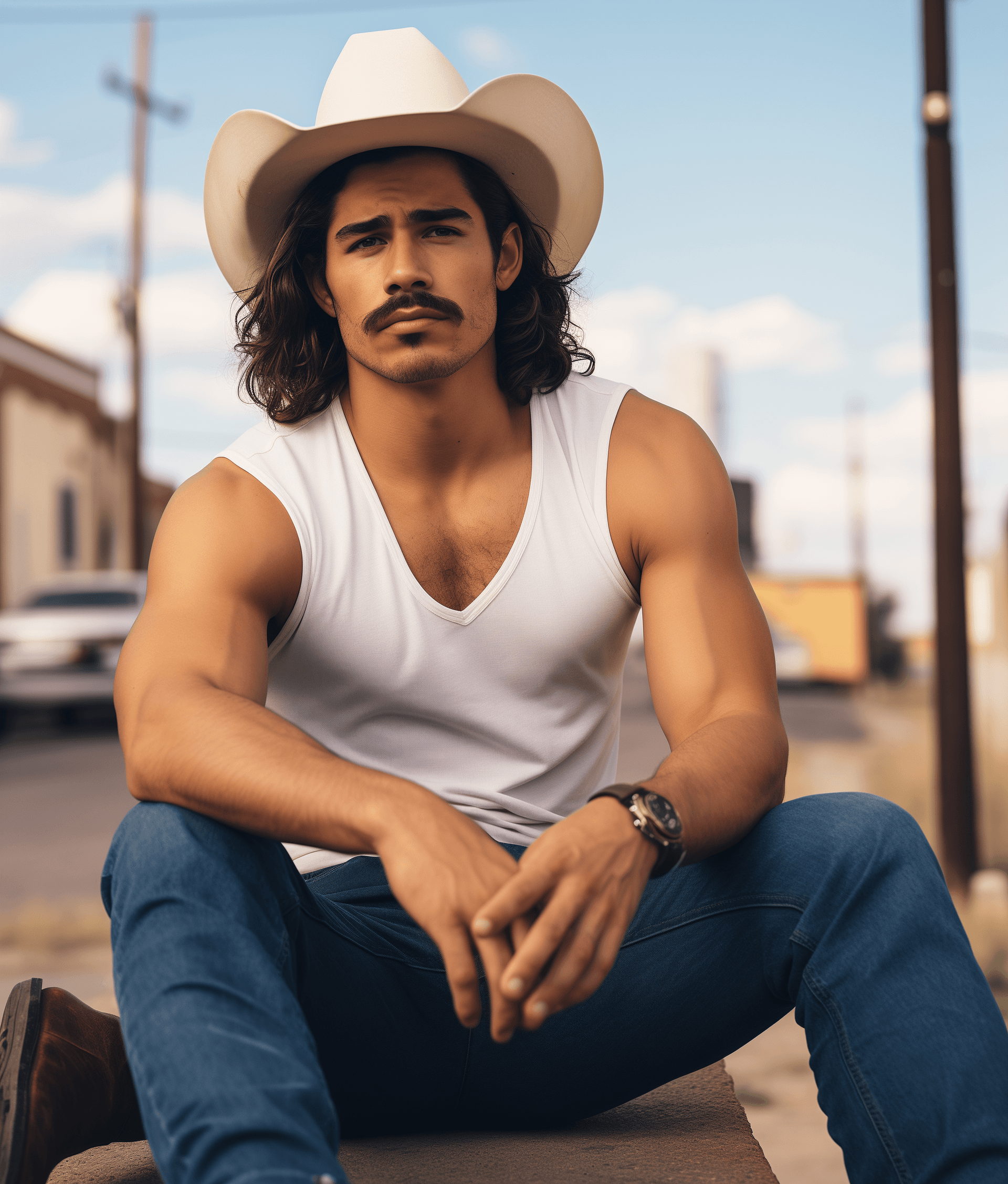AI generated: A photo of an attractive man with long hair and mustache wearing a blue short-sleeve shirt and cowbo...