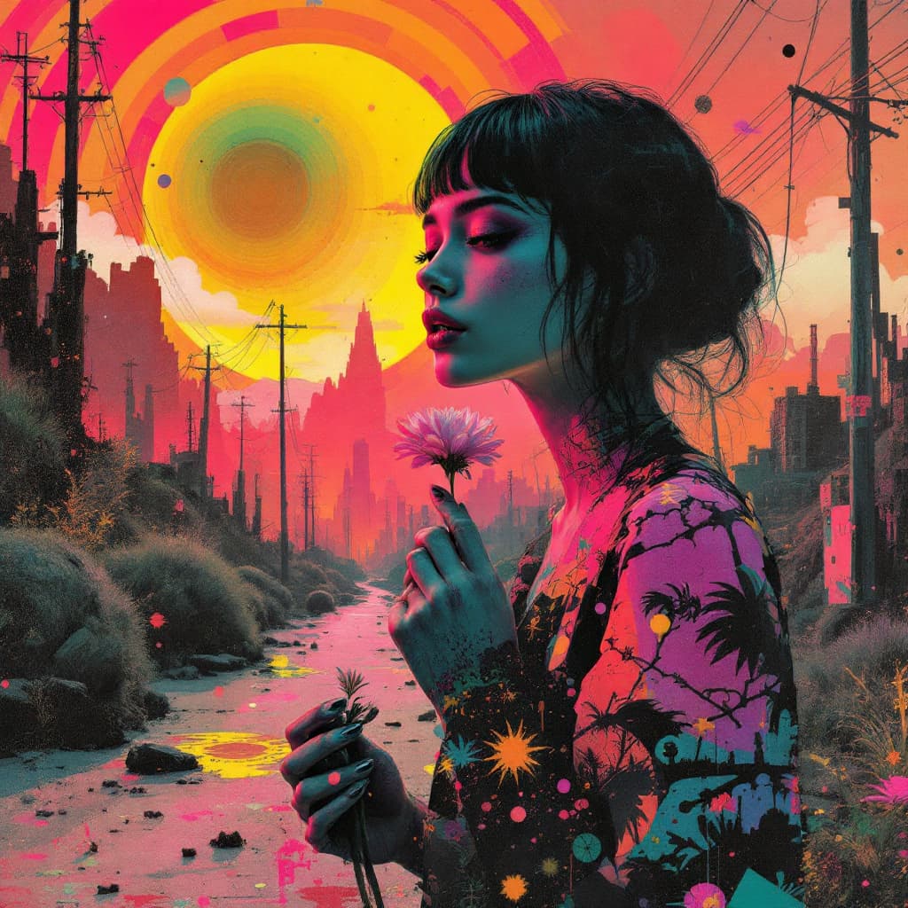 AI generated: A Dadaist collage of a post-apocalyptic world in neon tones and 4K resolution.a young lady holding a...