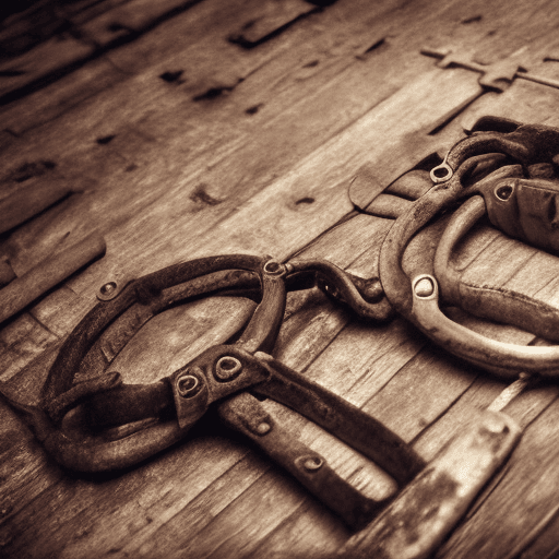 AI generated: Realistic rustic gritty photograph of old war war one handcuffs, Extremely hyper, detailed,cinematog...