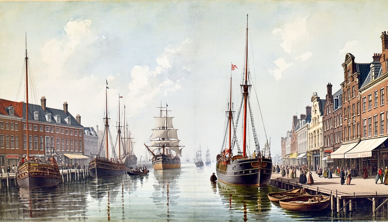AI generated: A watercolor in pastel colours of a 19th century port scene in Amsterdam.