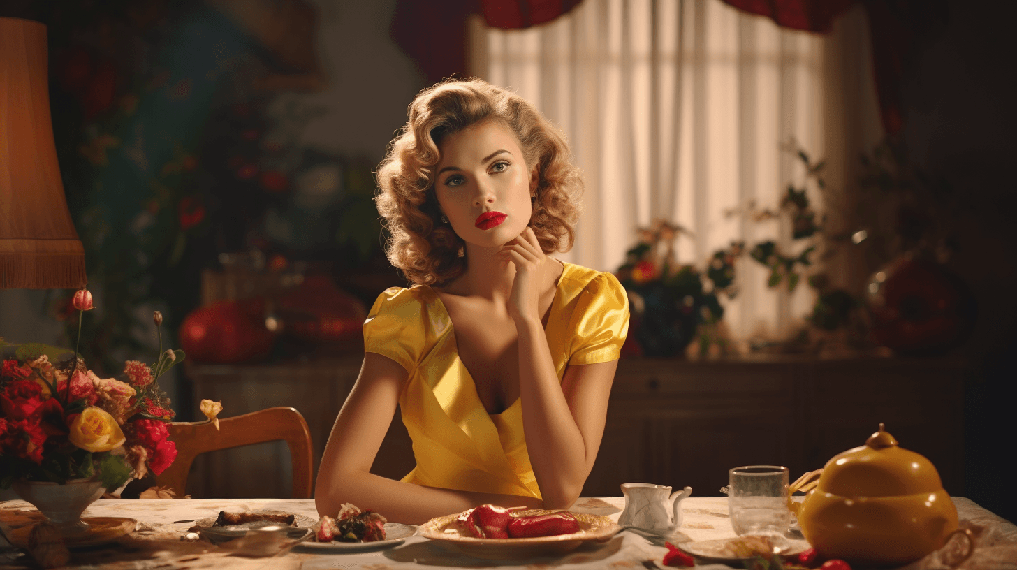 AI generated: Lofi photography, pristine housewife eats dinner alone, world falls apart around her while she is un...