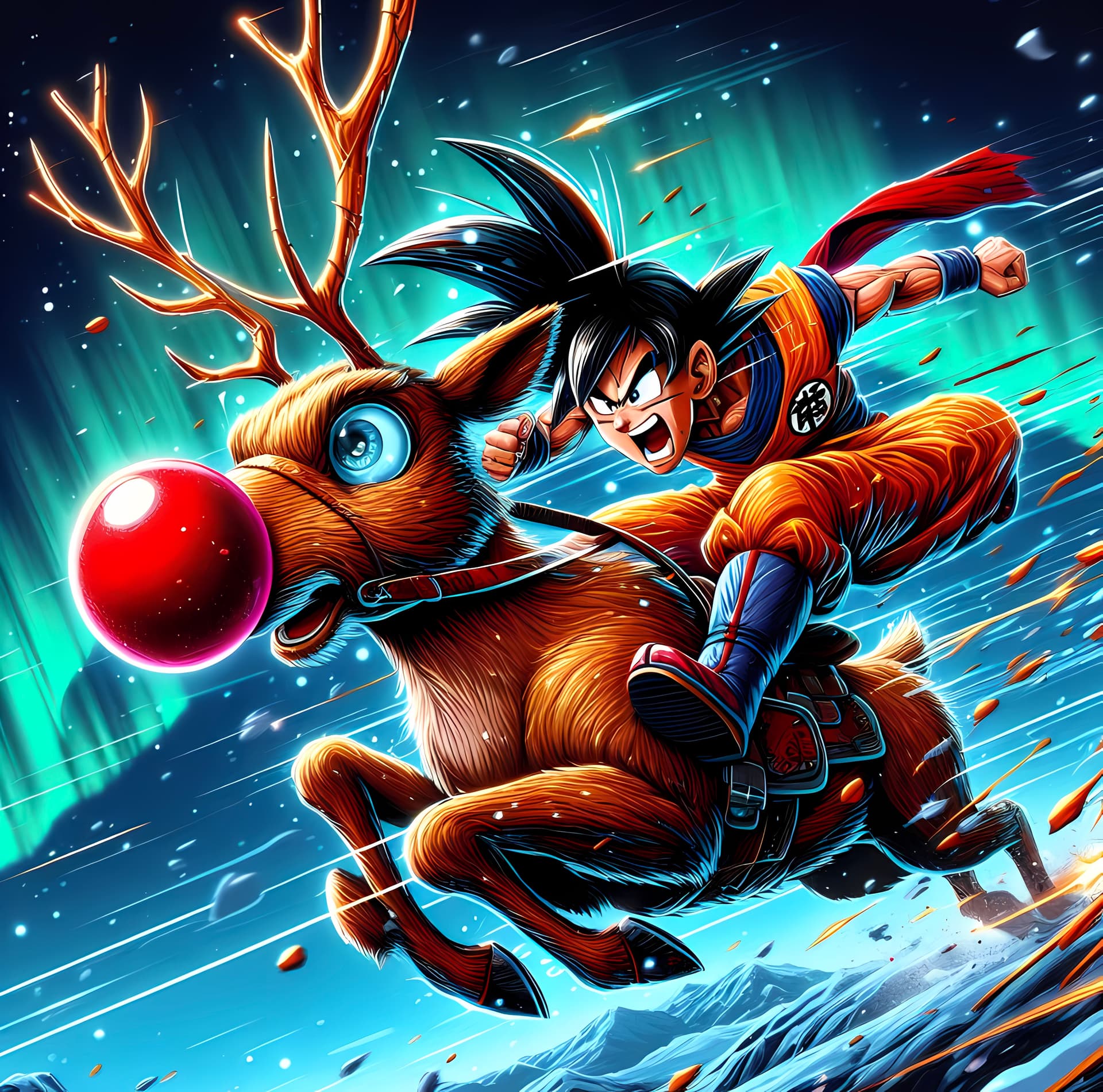 AI generated: Roku jumping from a cliff riding Rudolph the reindeer with red nose fast, in manga style, dramatic l...