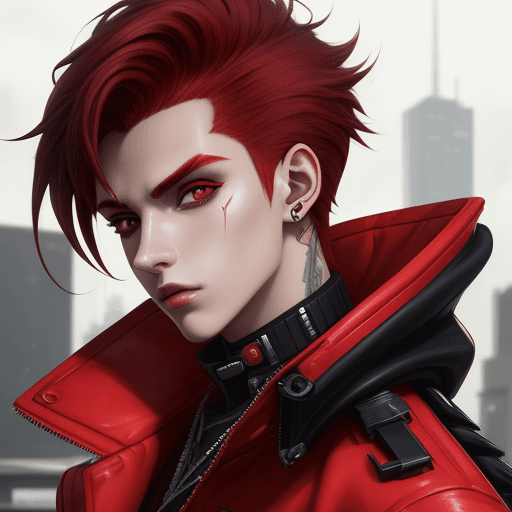 AI generated: young man, deep red hair and bright eyes. urban fashion clothing style with futuristic touches, red ...