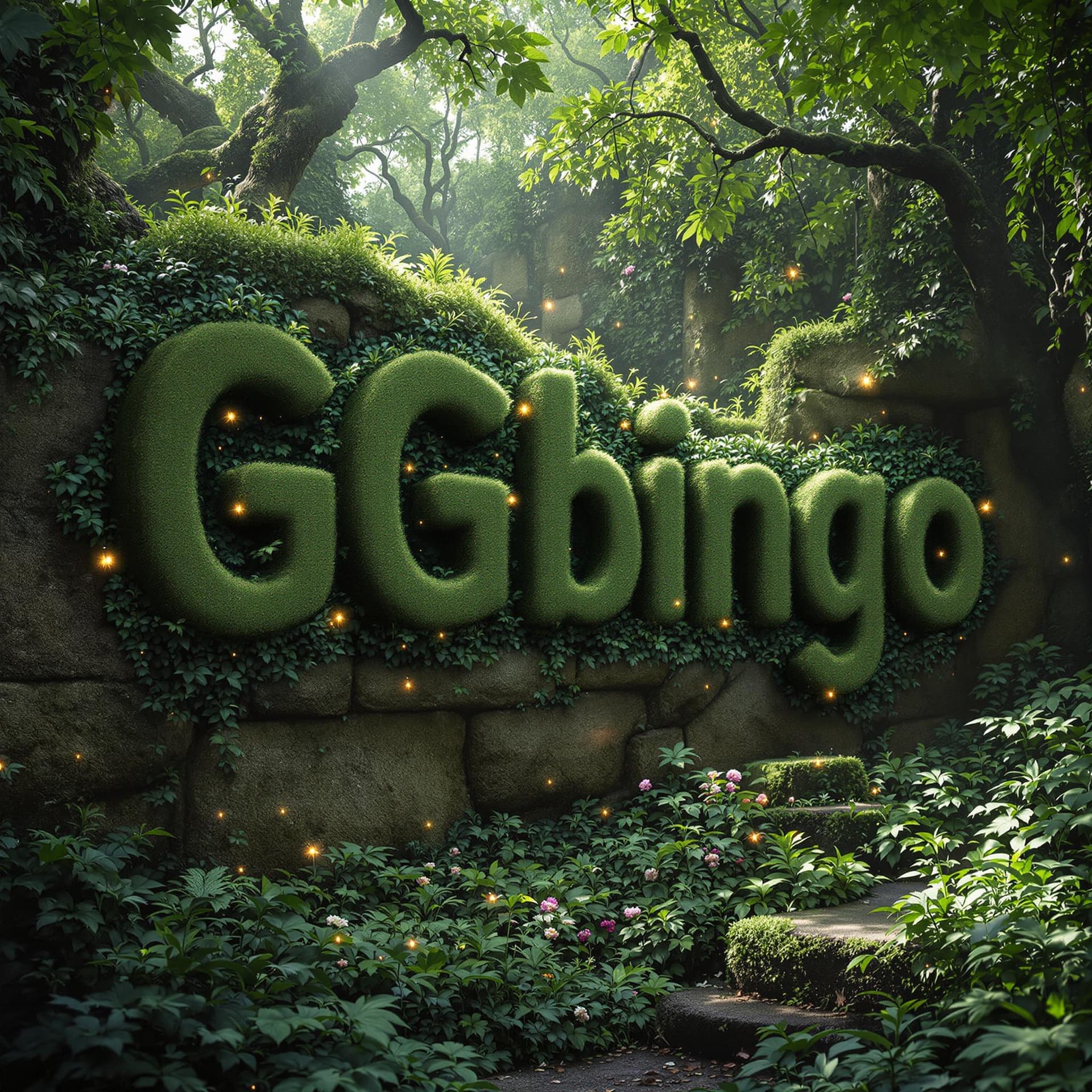 AI generated: A dense, overgrown forest where the text 'GGbingo' is sculpted from moss-covered stone ruins. Ivy, f...