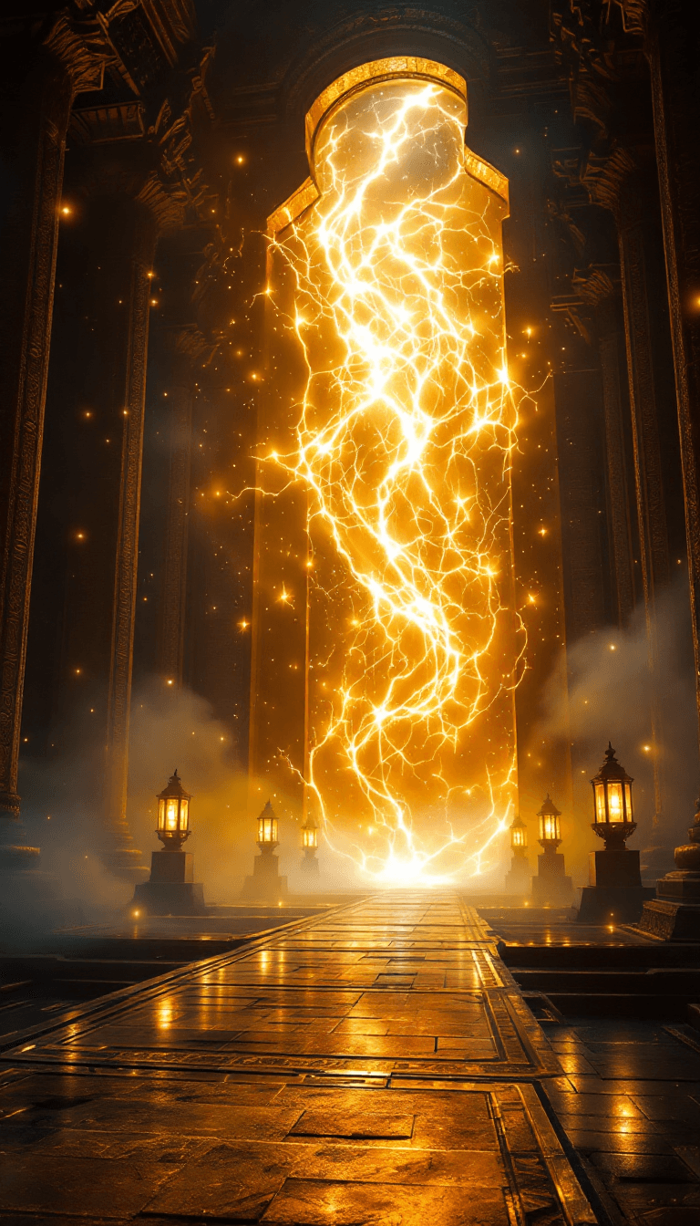 AI generated: A colossal, ancient gateway bathed in radiant golden light, embedded within a grand, dark temple ado...
