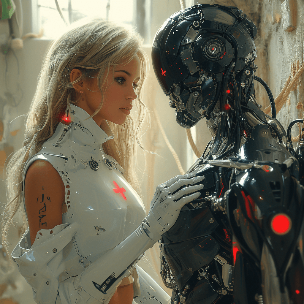 AI generated: Futuristic nurse, platinum wavy hair, taking care of bionic