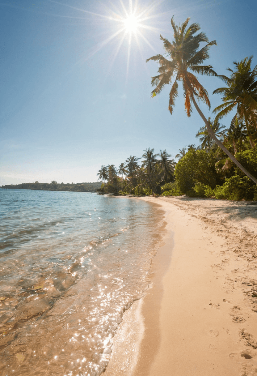 AI generated: A vibrant, sunlit beach with golden sands and crystal-clear waters, dotted with tall palm trees that...
