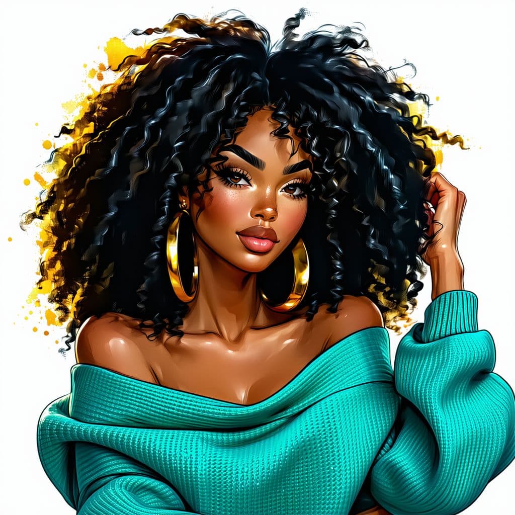 AI generated: A digital airbrushed illustration of an African American woman with voluminous natural curly hair in...