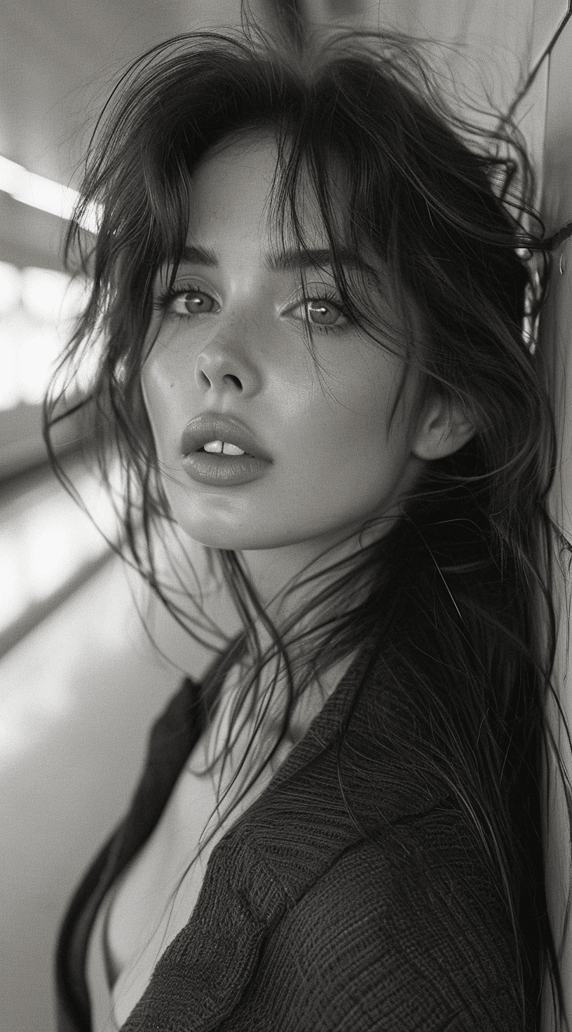 AI generated: a woman with long hair in a subway station, in the style of black and white imagery, gritty hollywoo...