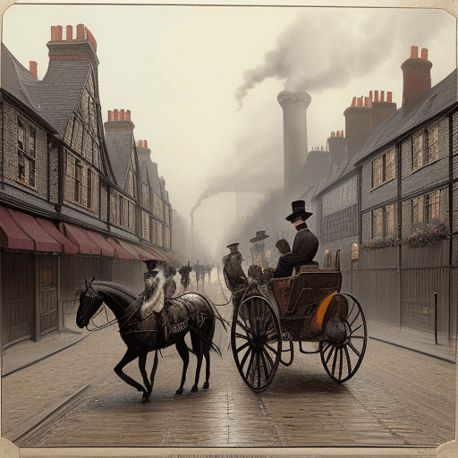 AI generated: 1880s Misty Victorian filthy midnight London cobbled streets with horse drawn carriages, british bob...