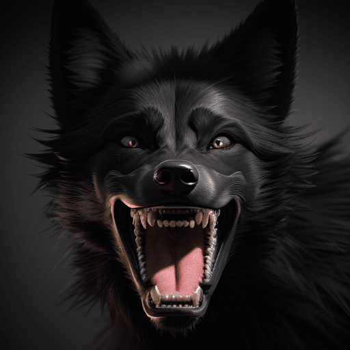 AI generated: Black wolf, open.mouth teeth showing . octane render, trending on artstation,t symmetrical artwork. ...